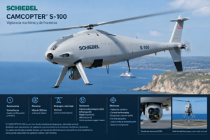 Dron CAMCOPTER S-100 de Schiebel equipado con sensores EO/IR sobrevolando una zona costera.