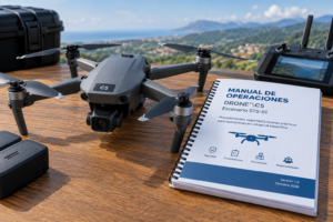 Dron C5 con cámara y mando de control junto a un manual de operaciones del escenario STS-01.