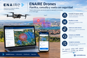 Infografía de ENAIRE Drones con un dron sobre un paisaje próximo a un aeropuerto, un ordenador portátil y un móvil que muestran mapas de zonas aéreas, restricciones y avisos para planificar vuelos seguros en España.
